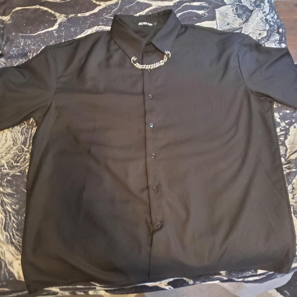 Aelfric Eden Black Bedazzled Rhinestone Chain Collar Button up Shirt